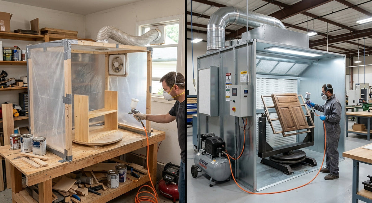 DIY plastic spray booth in a garage shop next to a professional spray booth