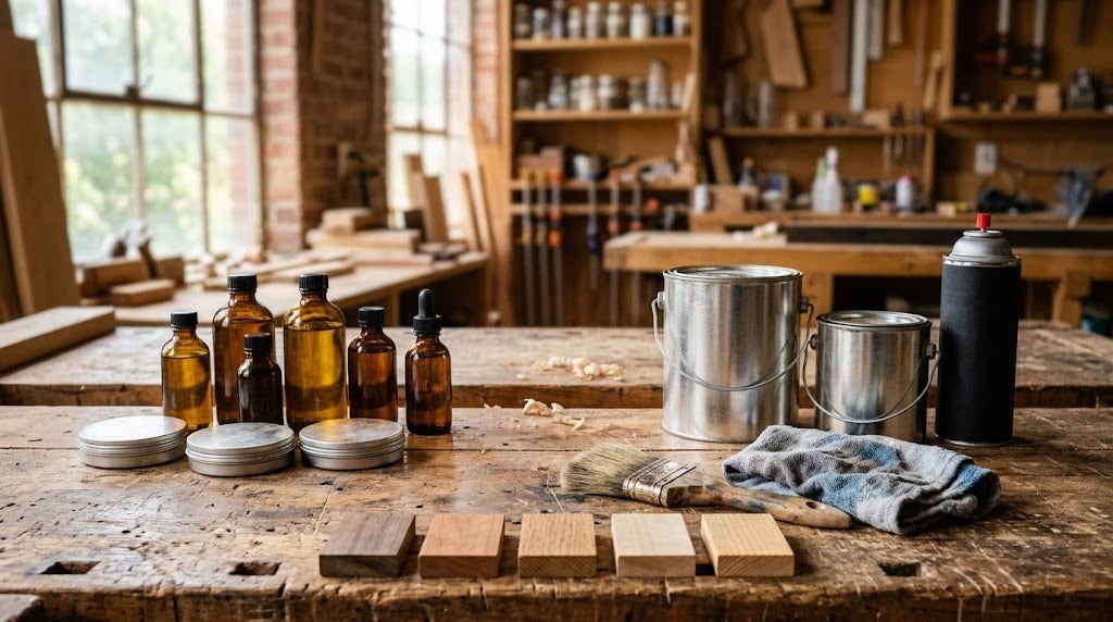 Oils and wax tins on one side and varnish cans and a spray can on the other, lined up on a shop workbench
