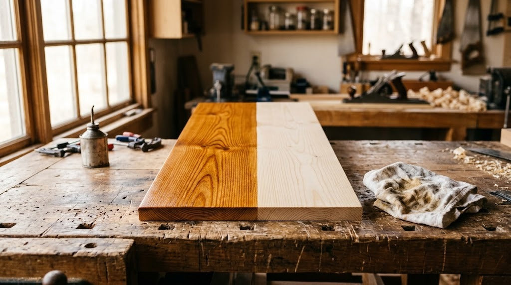 Pine board on a workbench, the left half wiped with boiled linseed oil showing deep amber color, the right half bare