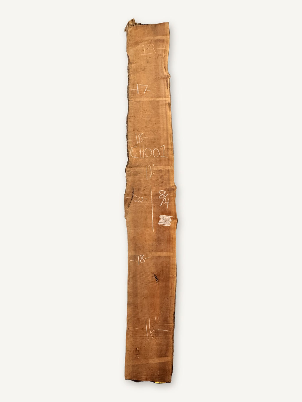 Cherry live edge slab CH001, back face with chalked dimensions