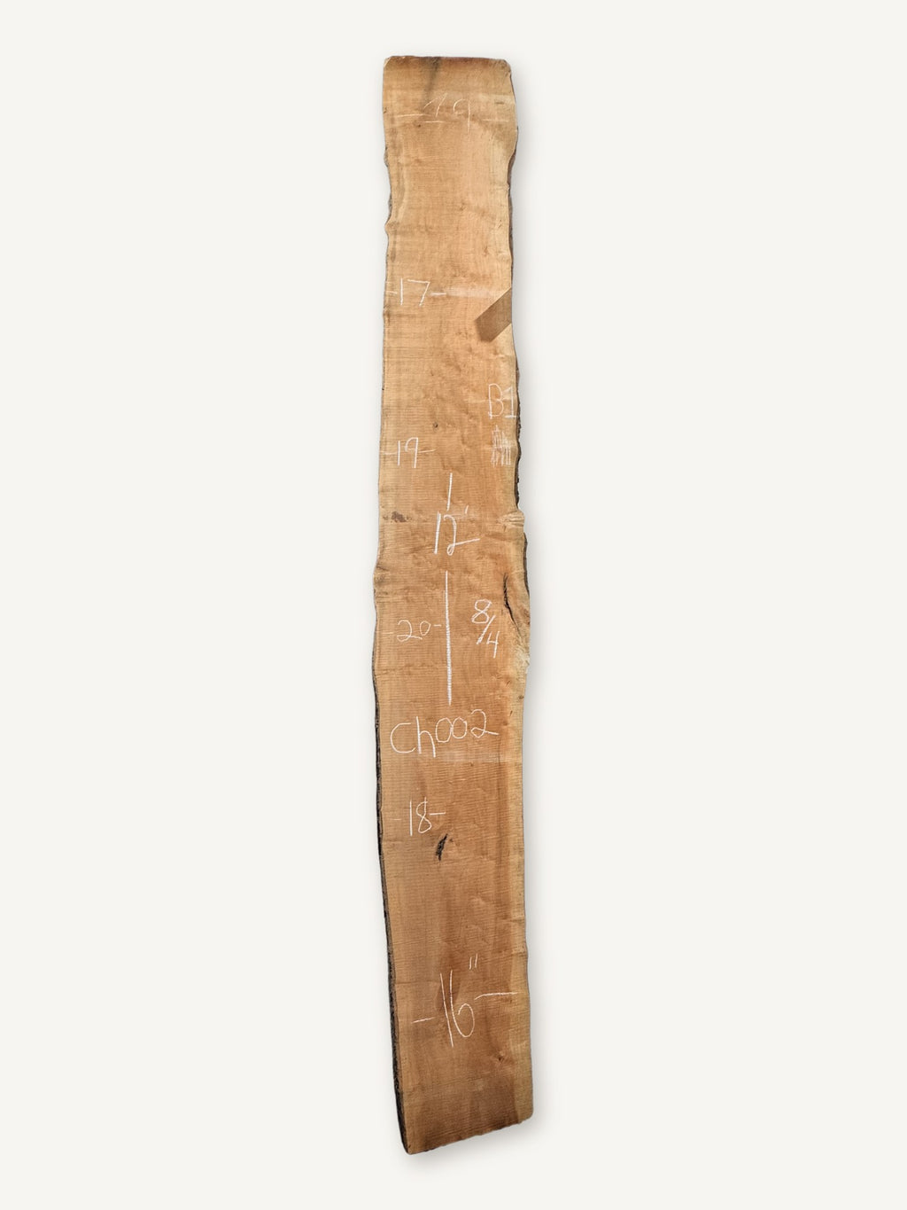 Cherry live edge slab CH002, back face with chalked dimensions
