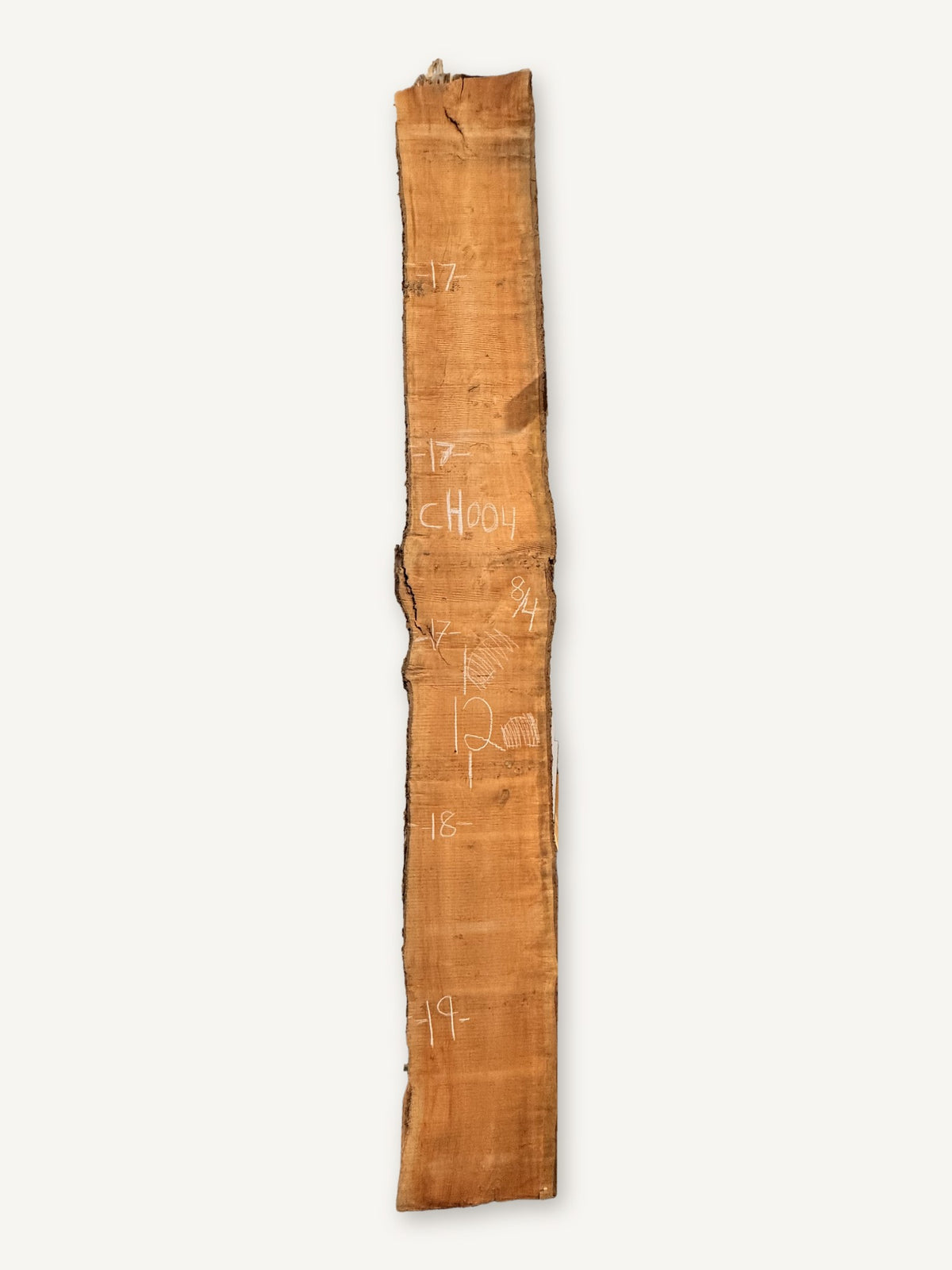Cherry live edge slab CH004, back face with chalked dimensions