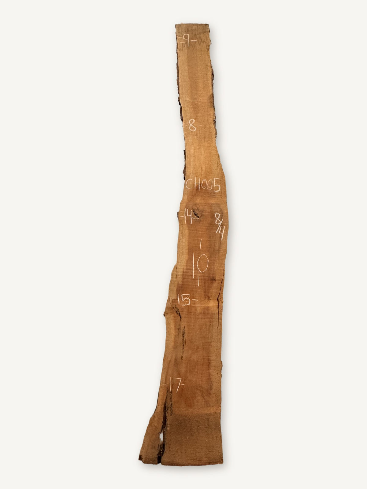 Cherry live edge slab CH005, back face with chalked dimensions