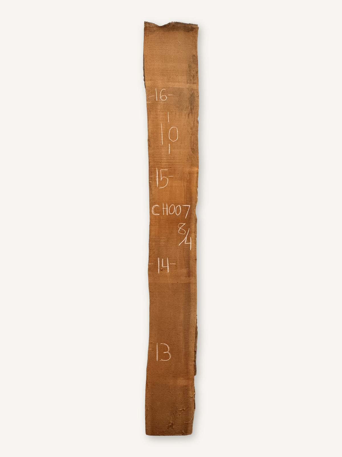 Cherry live edge slab CH007, back face with chalked dimensions