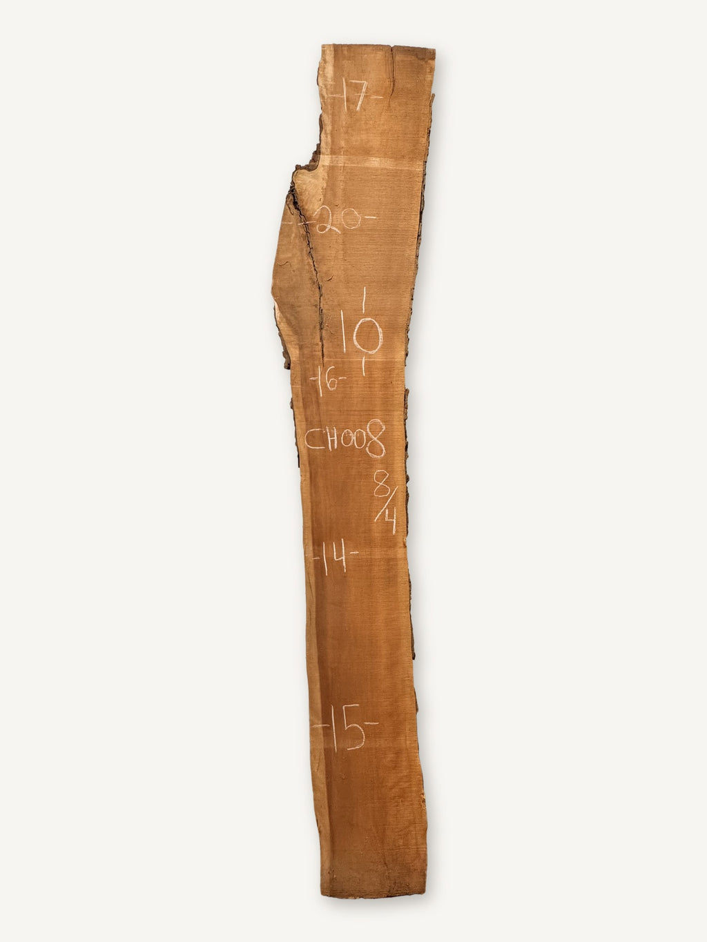 Cherry live edge slab CH008, back face with chalked dimensions