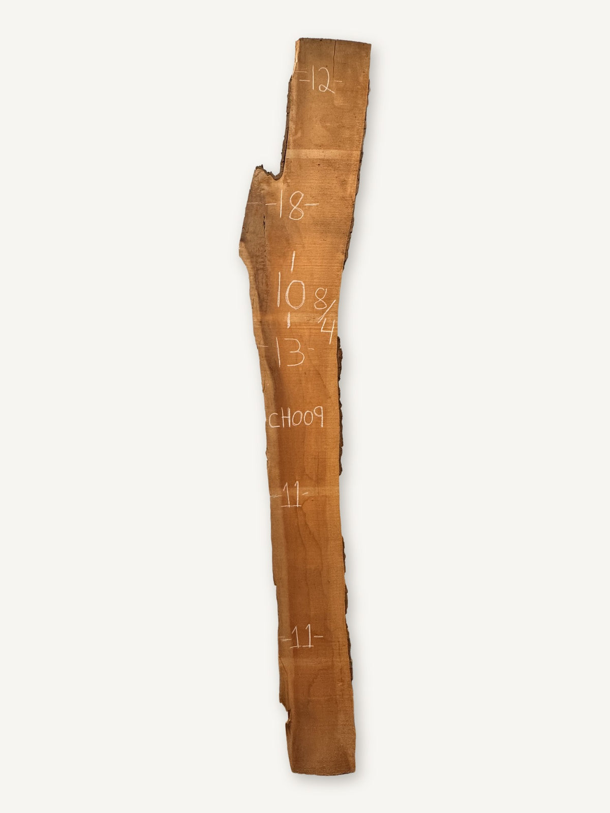 Cherry live edge slab CH009, back face with chalked dimensions