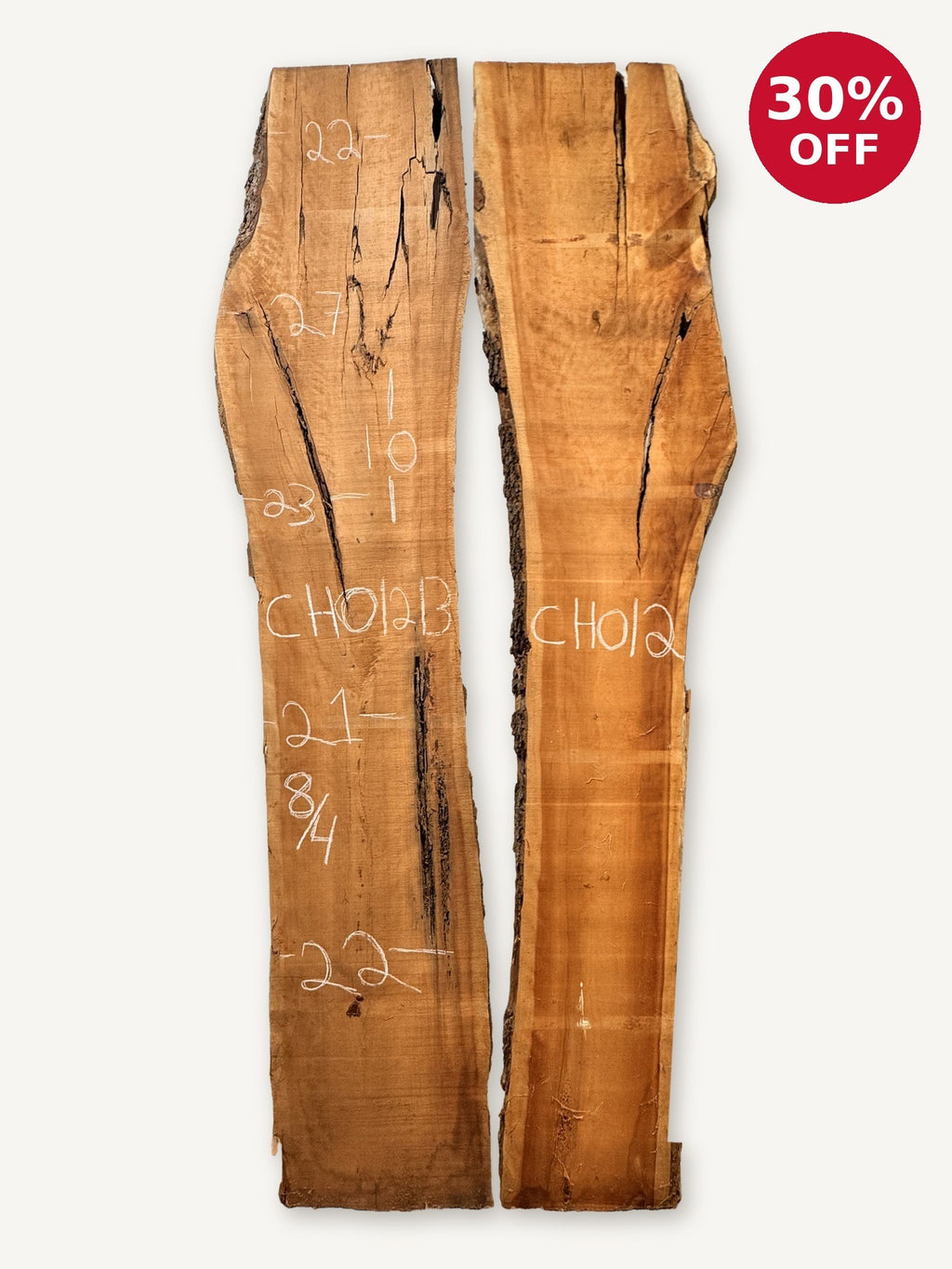 Bookmatched pair of cherry live edge slabs CH012B, reverse faces with chalked dimensions