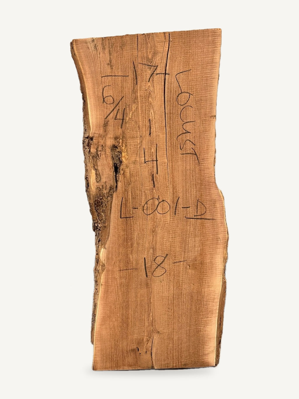 Locust live edge slab L-001-D, back face with chalked dimensions