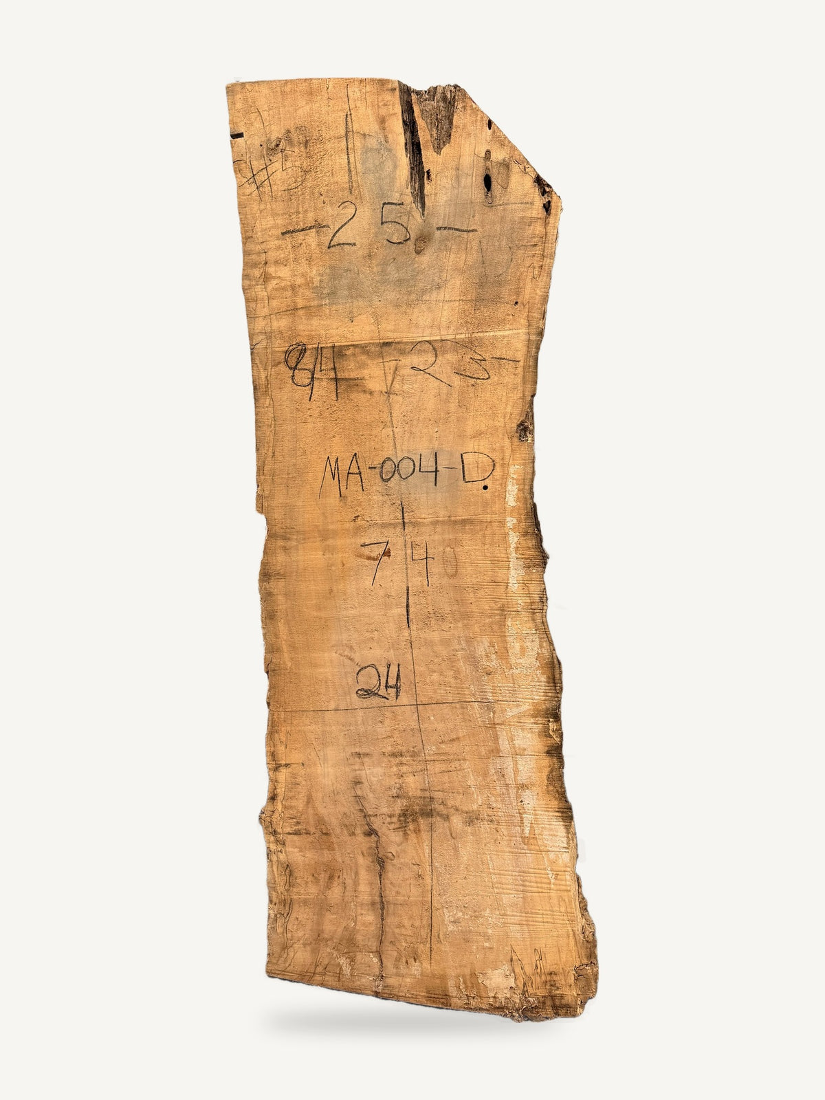 Maple live edge slab MA-004-D, back face with chalked dimensions