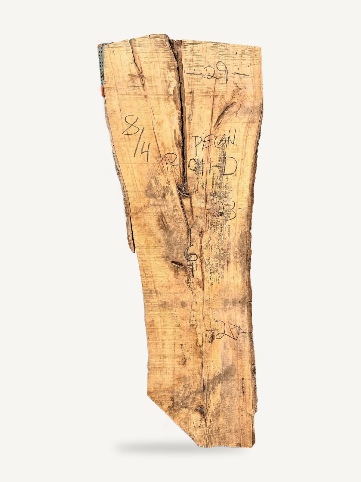 Pecan live edge slab P-011-D, back face with chalked dimensions
