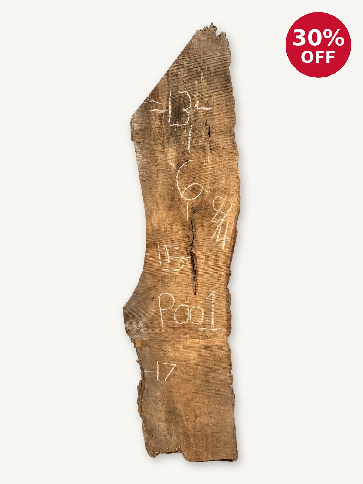 Pecan live edge slab P001, back face with chalked dimensions