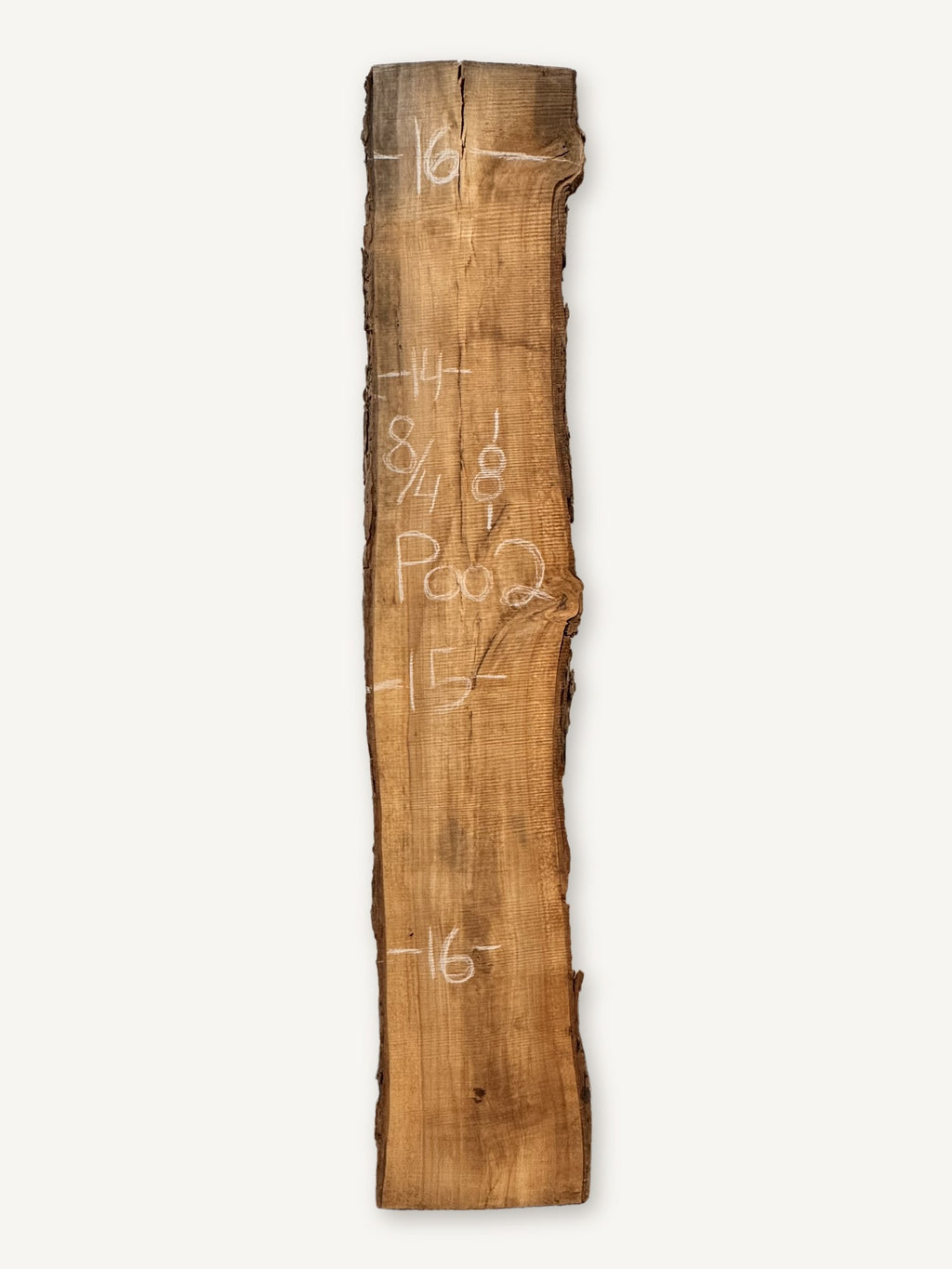 Pecan live edge slab P002, back face with chalked dimensions