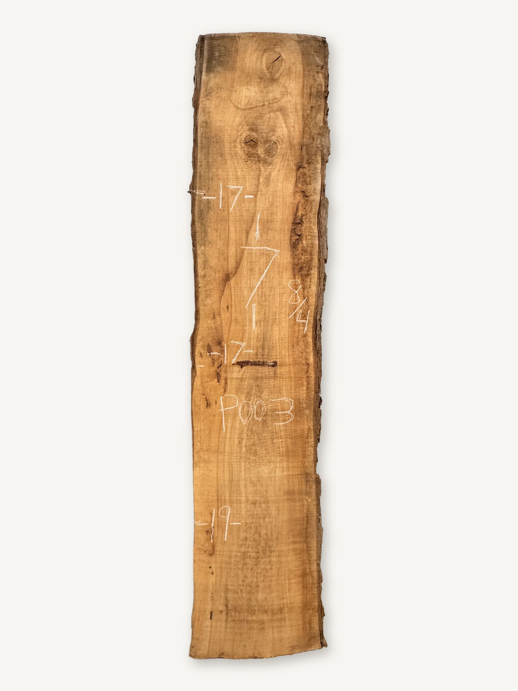 Pecan live edge slab P003, back face with chalked dimensions