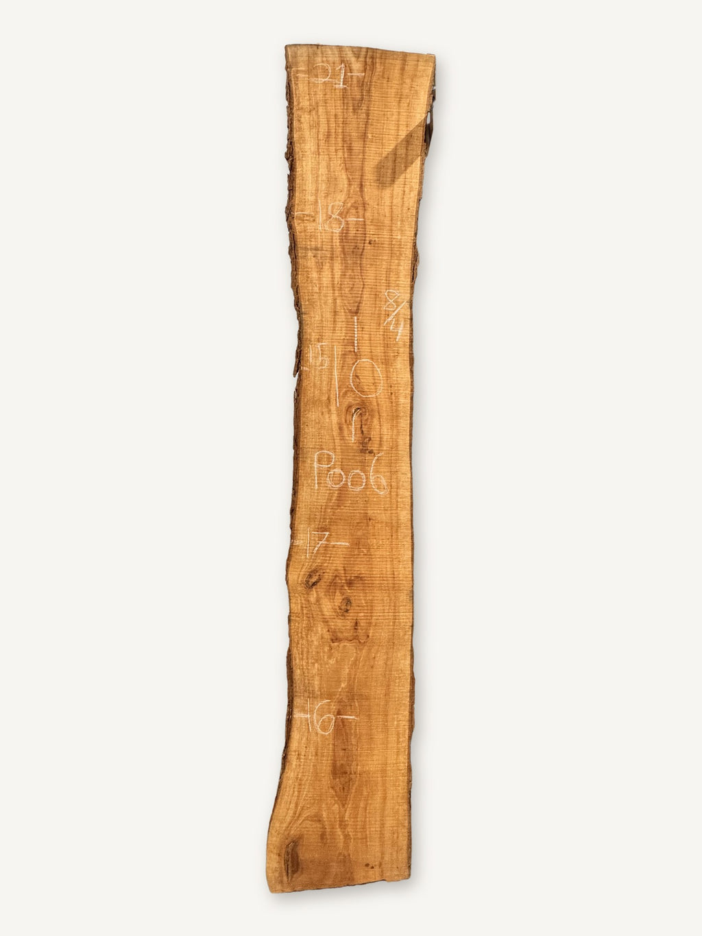 Pecan live edge slab P006, back face with chalked dimensions