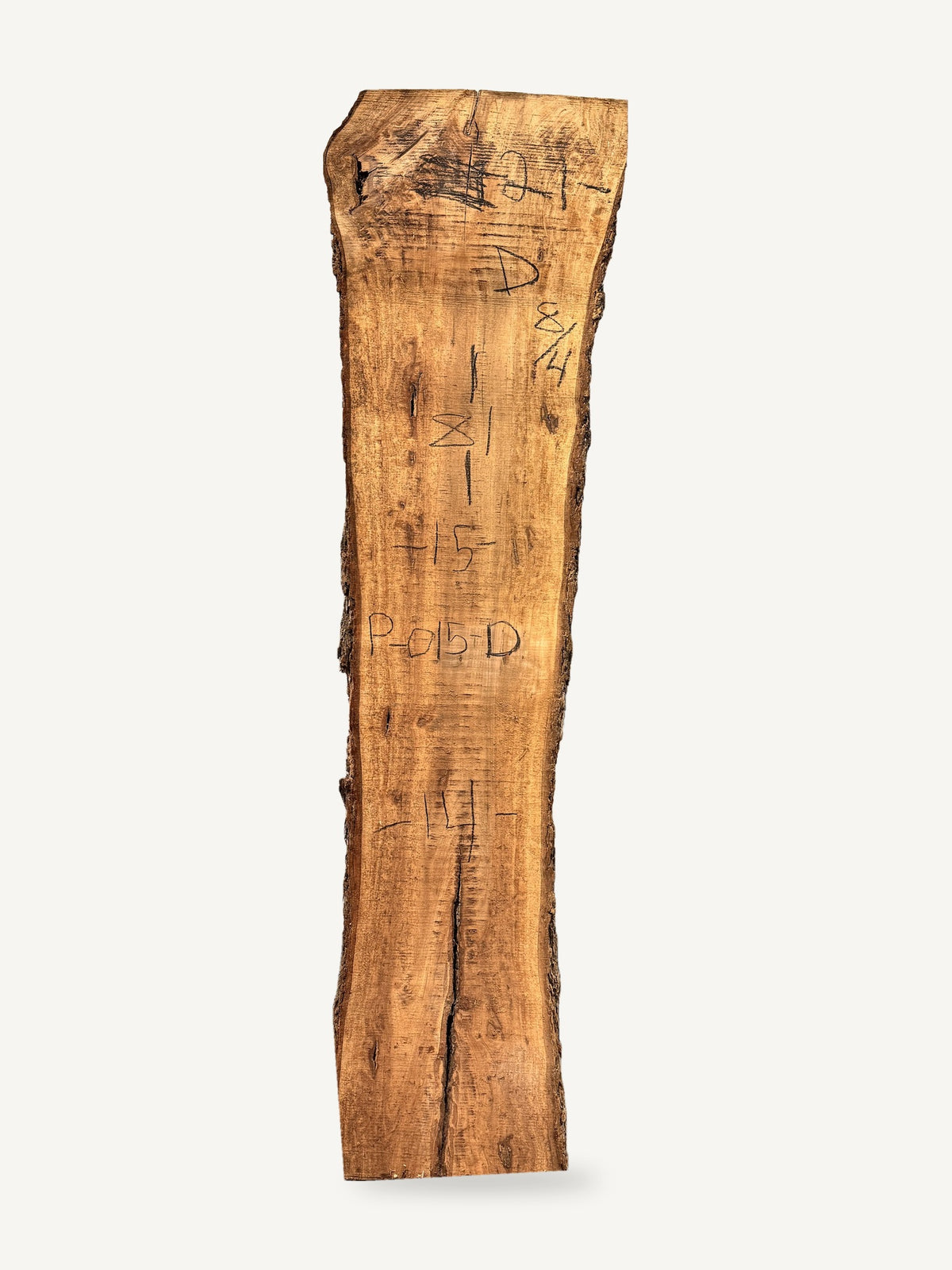 Pecan live edge slab P015-D, face with chalked dimensions