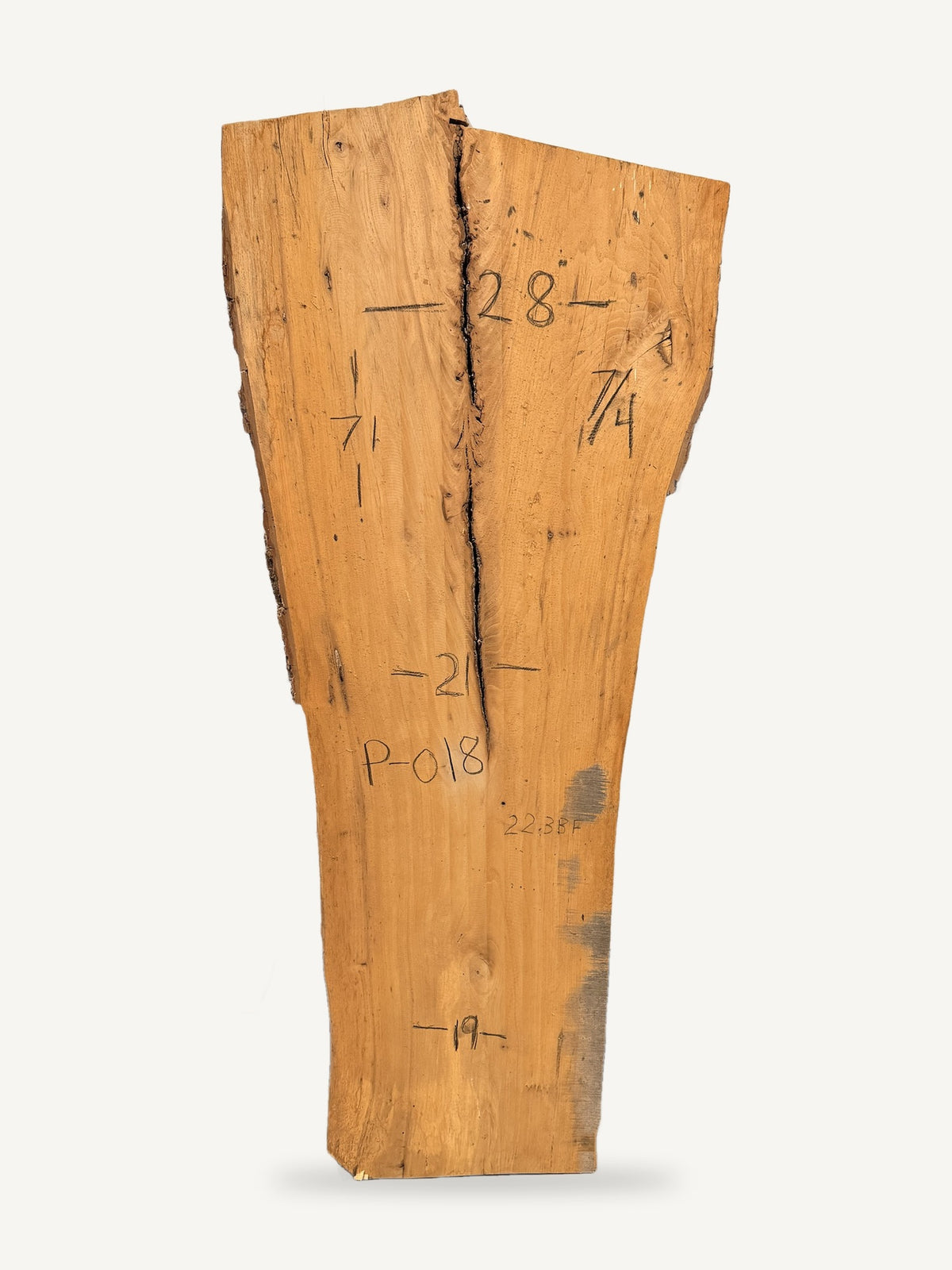 Pecan live edge slab P018, back face with chalked dimensions