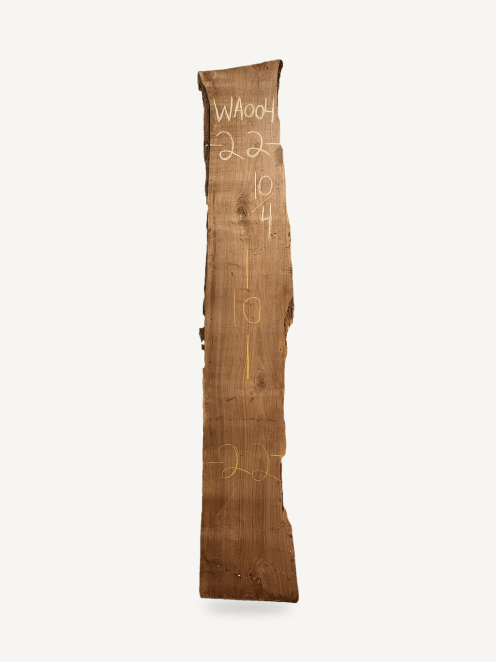 Black walnut live edge slab WA004, back face with chalked dimensions