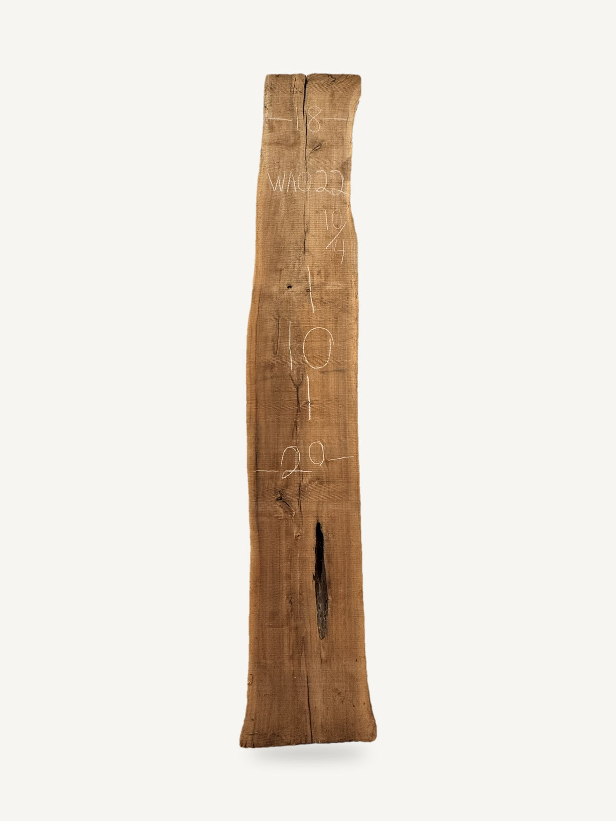 Black walnut live edge slab WA022, back face with chalked dimensions