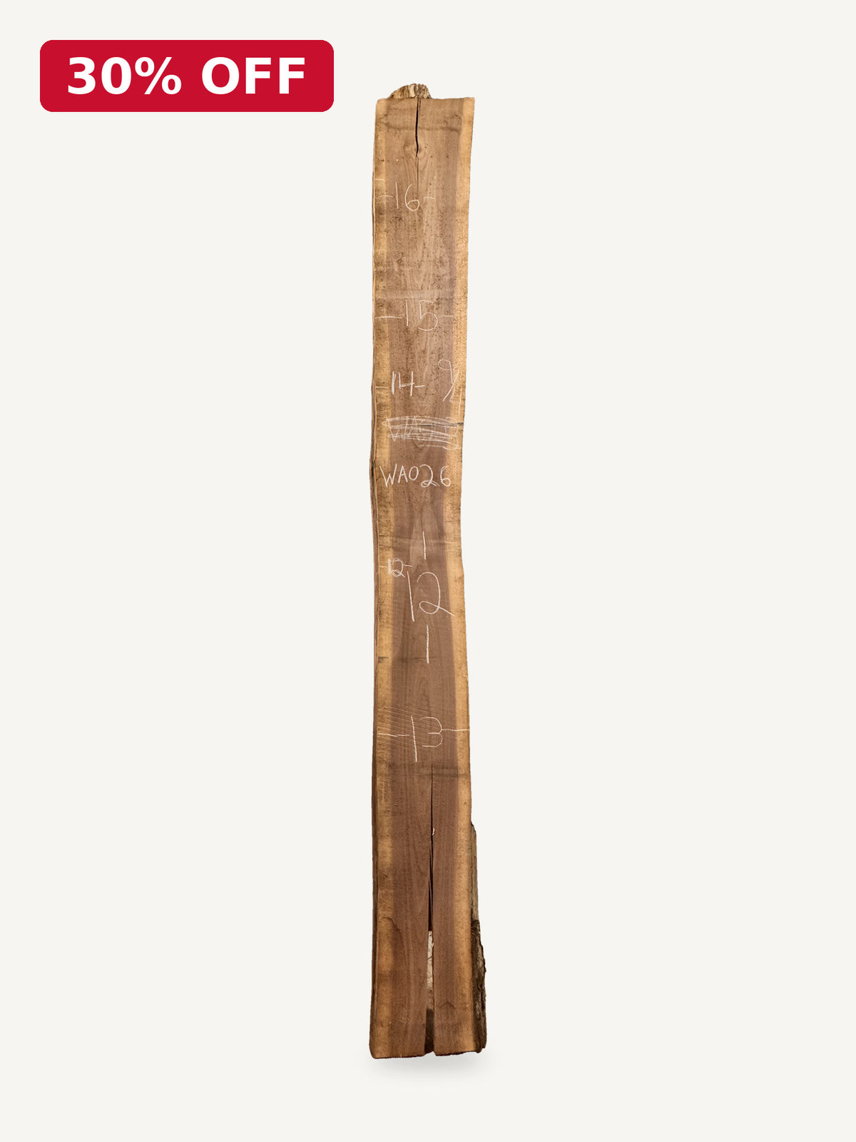 Black walnut live edge slab WA026, back face with chalked dimensions