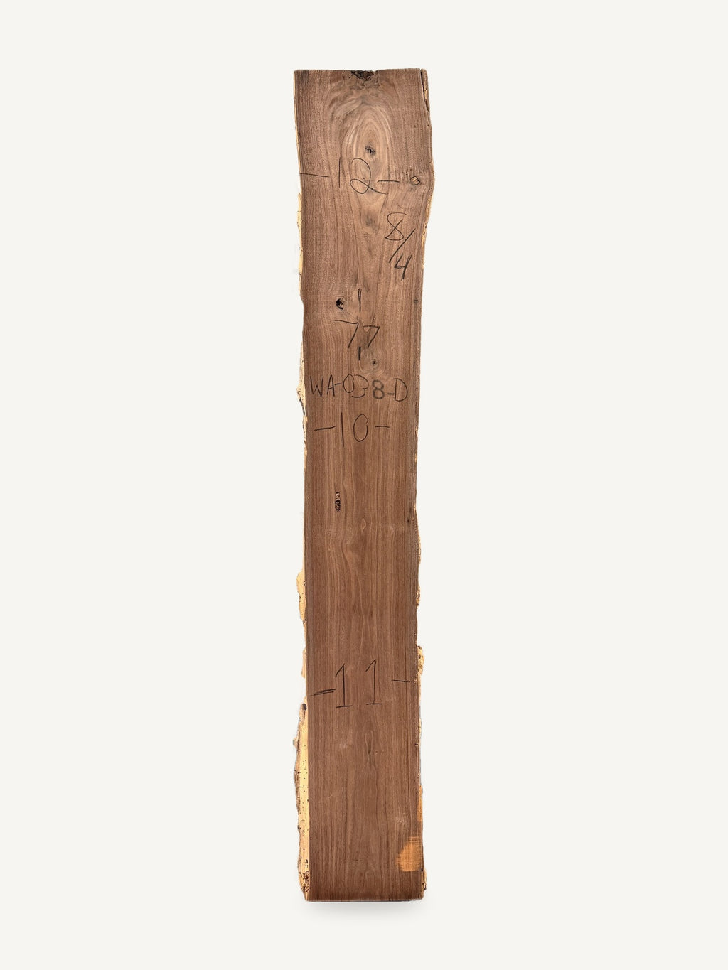 Black walnut live edge slab WA038-D, back face with chalked dimensions