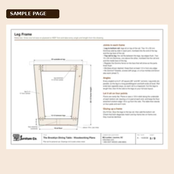 Sample page from the Brooklyn dining table plans: leg frame drawing with dimensions (low-resolution preview)