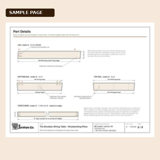 Sample page from the Brooklyn dining table plans: part details with dimensions (low-resolution preview)