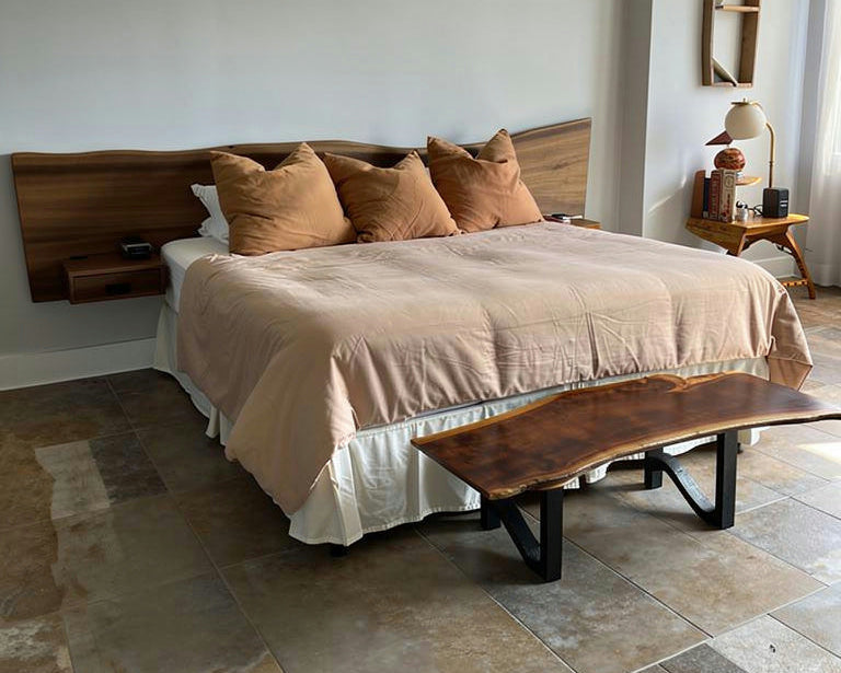 Live edge walnut headboard with floating nightstands built by M2 Furniture Company